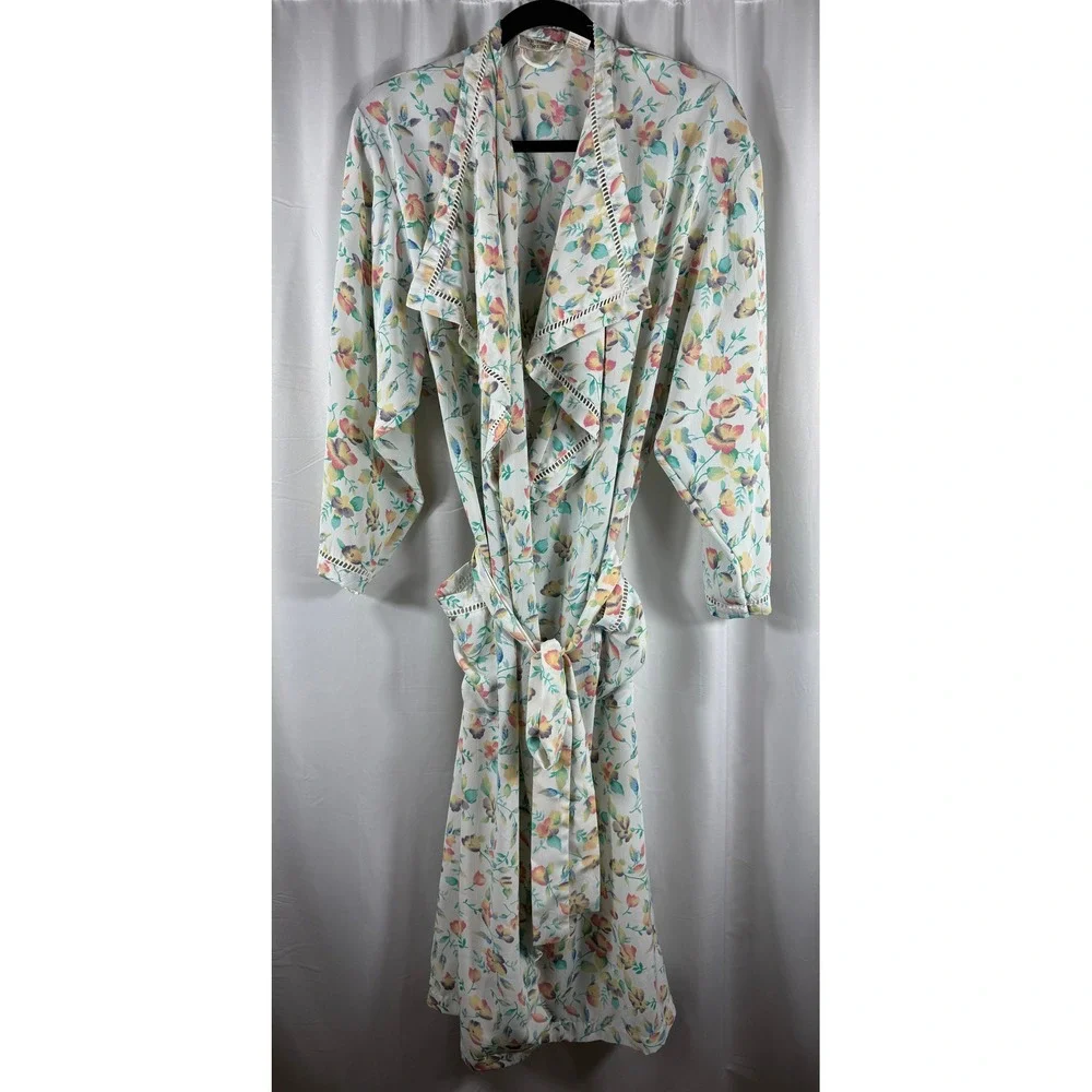 Victorias Secret Vintage Gold Label Floral Robe White Watercolor Tie Waist Small